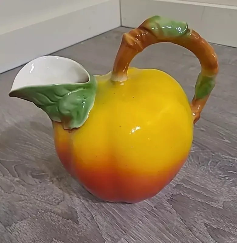 Vintage Majolica Life Like  Porcelain Handled Apple Milk Pitcher Czechoslovakia