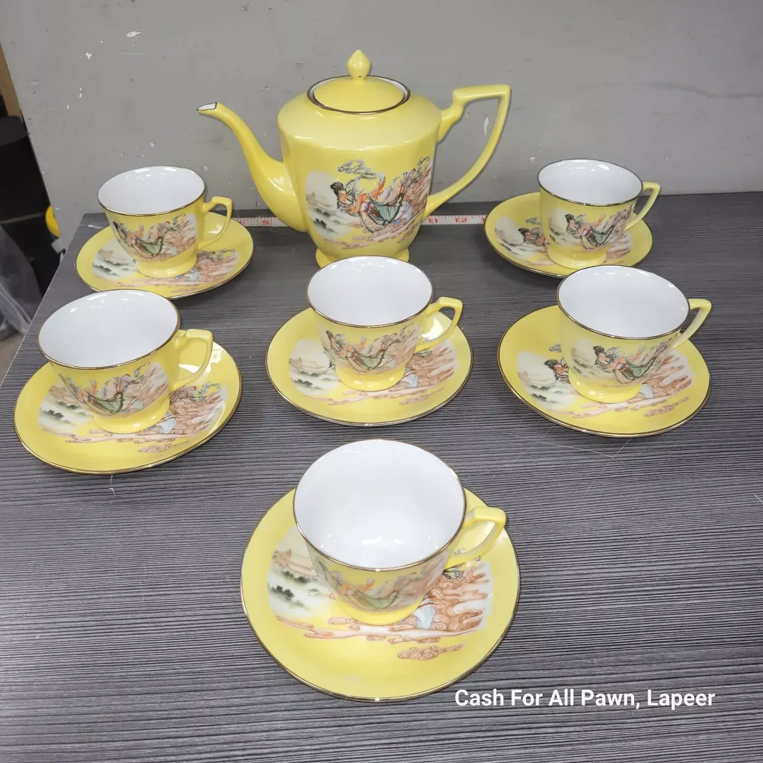 VINTAGE MIN GOU TANGSHAN FLYING GODDESS WIND CHINA TEA SET 13 PC YELLOW PAGODA