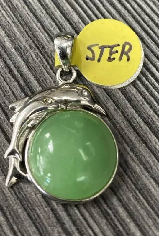Vintage Necklace With Jade Pendant & Sterling Silver Dolphin Charm, 4.6grams