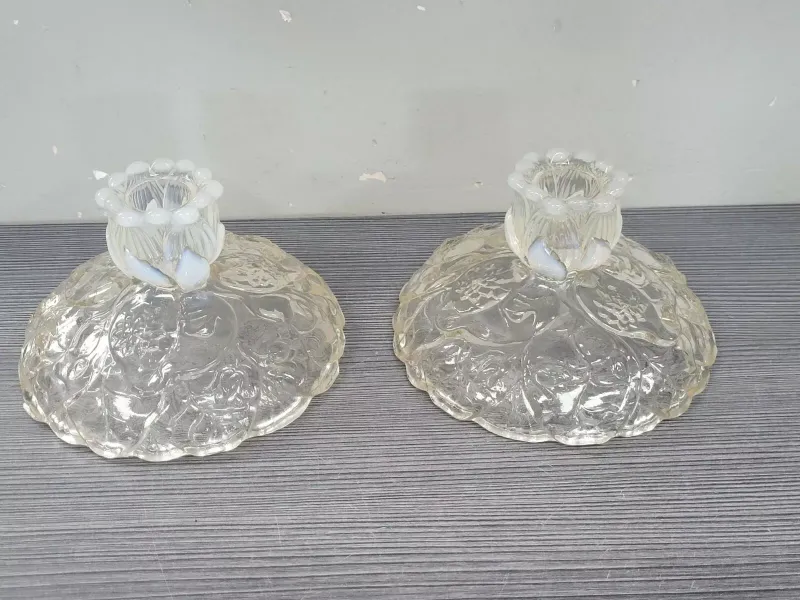 vintage opalescent Fenton Candlestick frogs lilly pads lillypad art glass