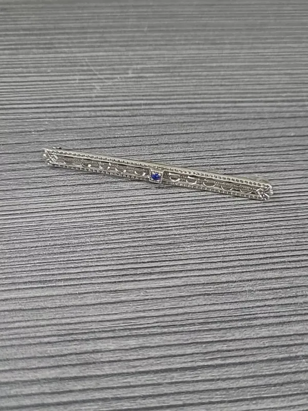 Vintage Sterling Silver 3" Bar Pin Sapphire Blue Stone art nouveau 3g