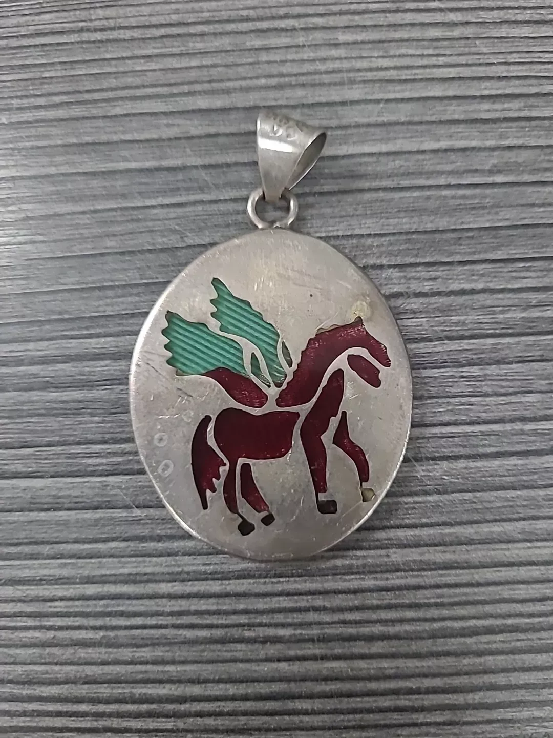 VINTAGE TAXCO PENDANT PEGASUS VINTAGE MEDALLION RED BLUE 15G HORSE SILHOUETTE