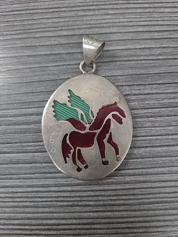 VINTAGE TAXCO PENDANT PEGASUS VINTAGE MEDALLION RED BLUE 15G HORSE SILHOUETTE