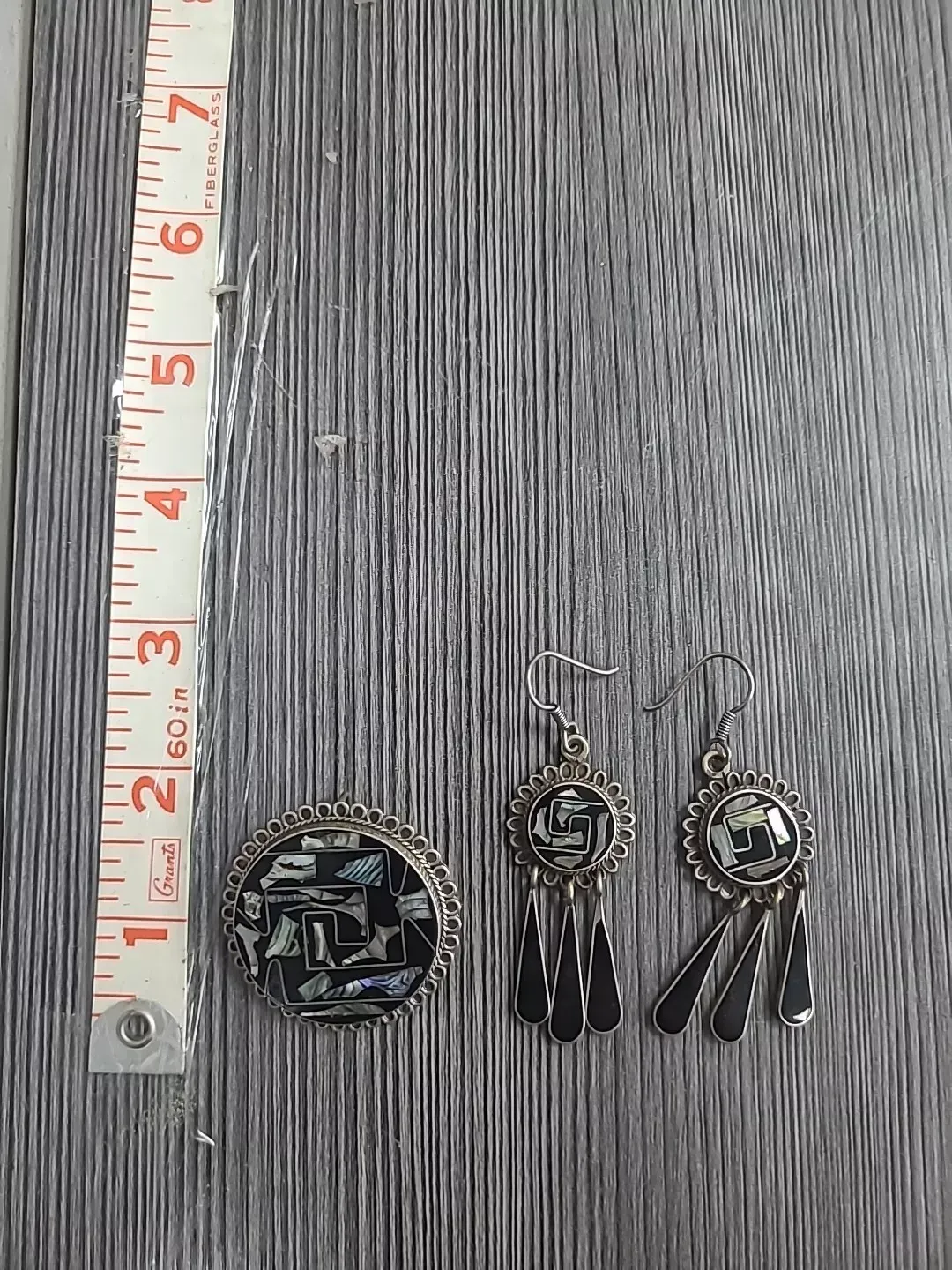 Vintage Taxco Sterling Silver Inlay Onyx Abalone pendant pin Dangle Earrings 25g