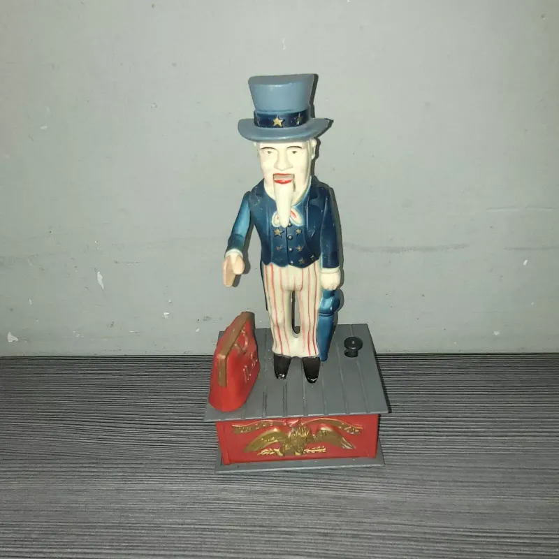 Vintage Uncle Sam Mechanical Bank Plastic Remake 1975 Emson Hong Kong 9.5 inch