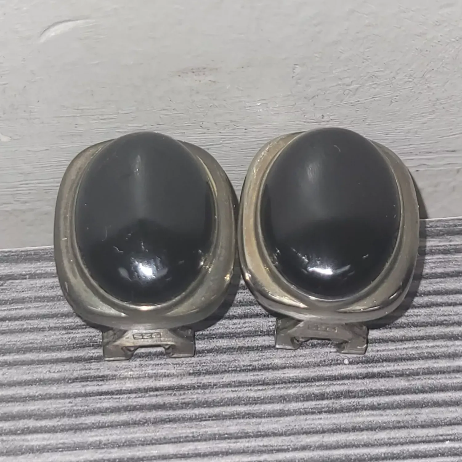 VTG Sterling Silver  MEXICO TAXCO Modern Onyx Cabochon Clip-On Earrings 9.5G