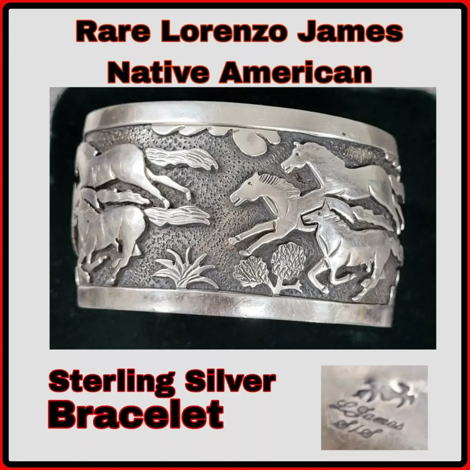 WILD HORSES MUSTANG Sterling Native American Stamped Lorenzo James art 78.5g