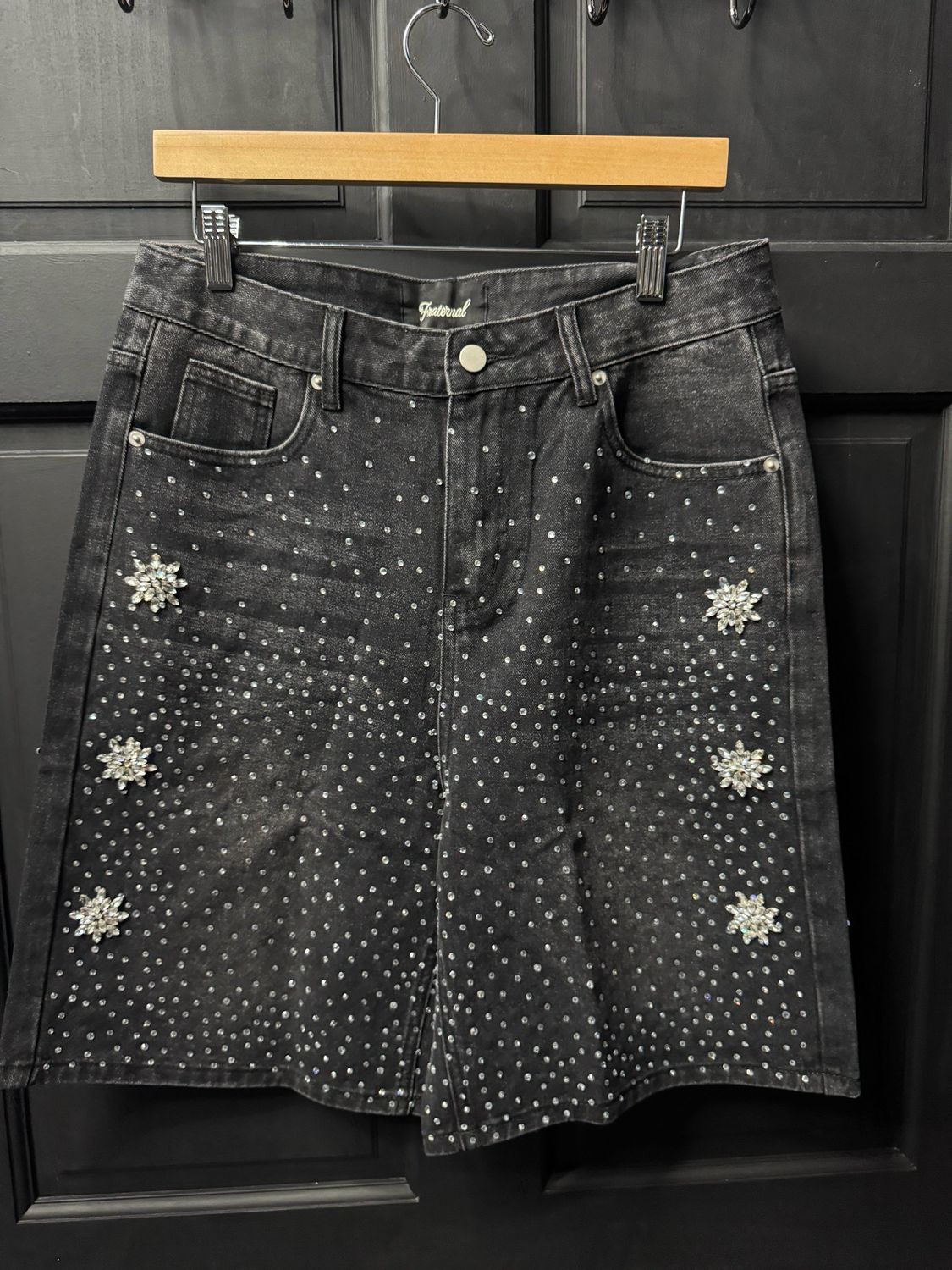 Fraternal Floral Rhinestones Jean Shorts Washed Black