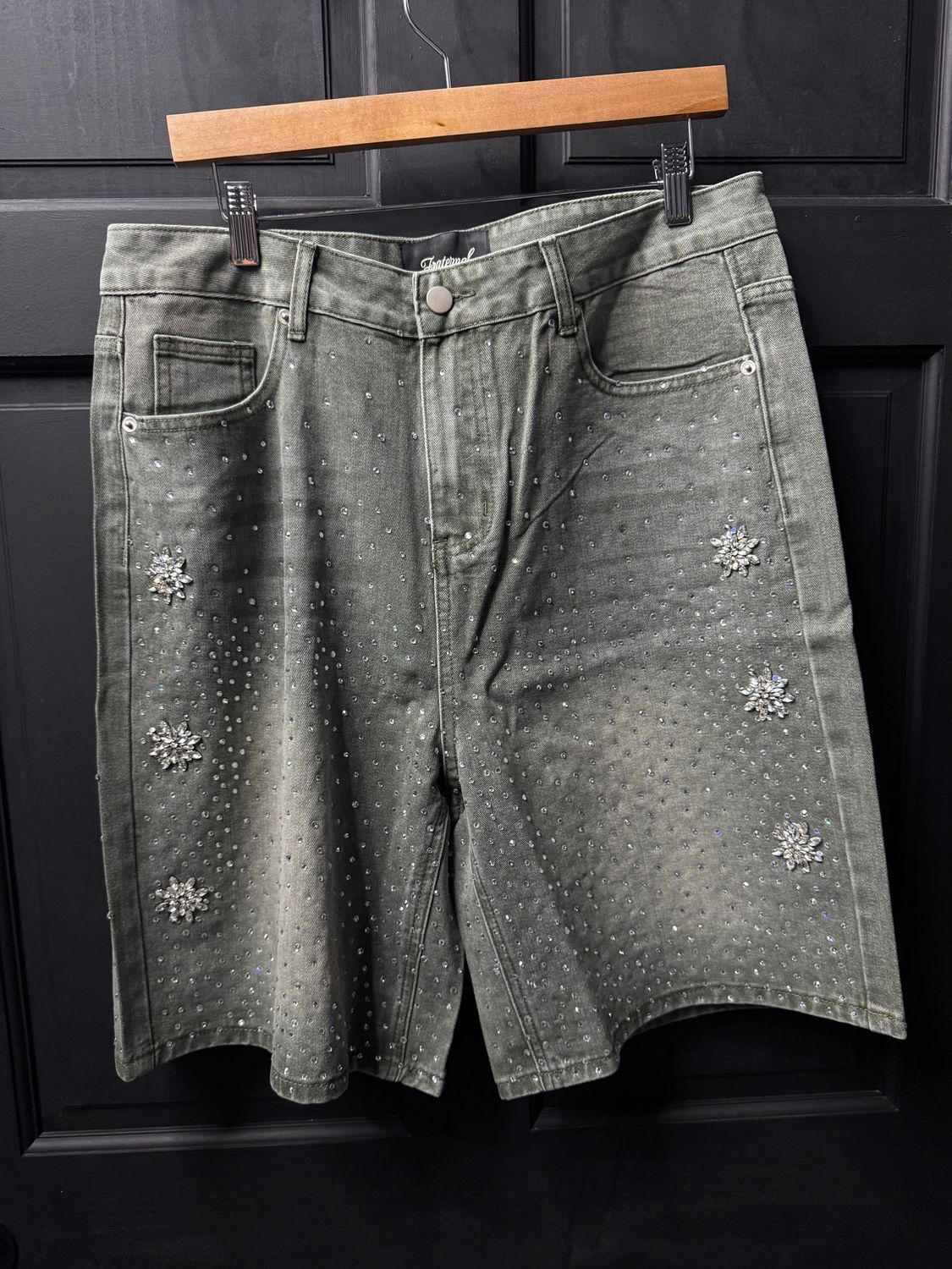 Fraternal Floral Rhinestone Jean Shorts Olive Wash