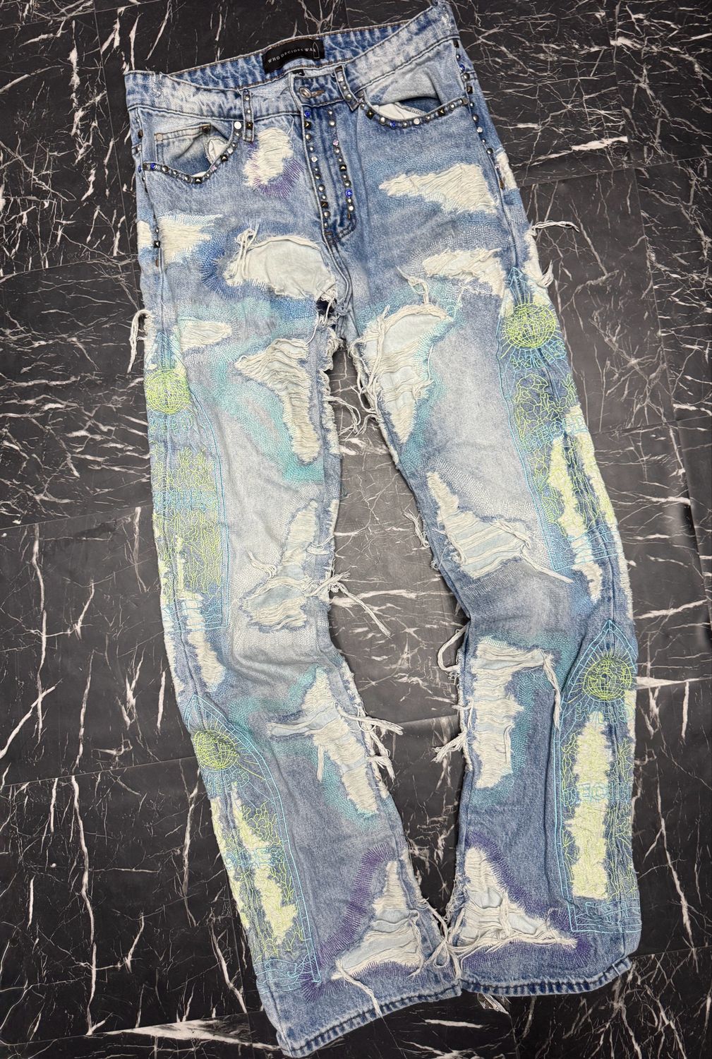 Who Decides War Multi Color Stud Distressed Denim