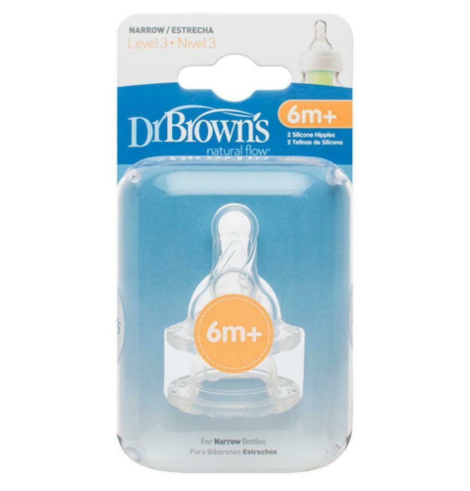 Dr. Browns - Tetina de silicón Cuello Delgado Nivel 3 (6 meses +), 2-pack transparente