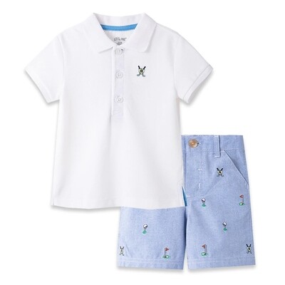 CONJUNTO LITTLE ME - Cj 2 pz camisa polo m/c blanca y shorts chambray diseño golf