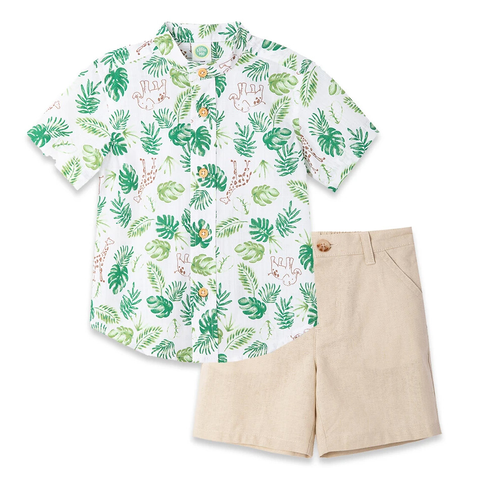 CONJUNTO LITTLE ME - camisa m/c estampada safari verde y blanca, short khaki de twill