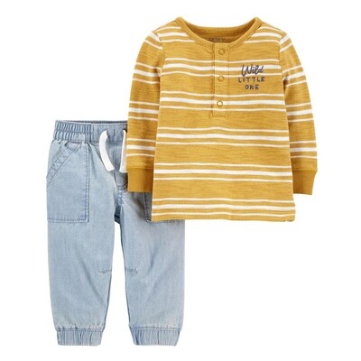 CONJUNTO CARTERS -  2 pz t-shirt m/l amarilla rayada, pantalón celeste de pants