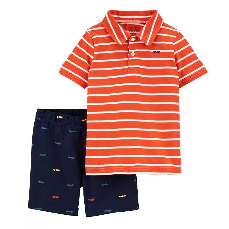 CONJUNTO CARTERS - 2 pz Camisa tipo Polo rayada Naranja, Short azul
