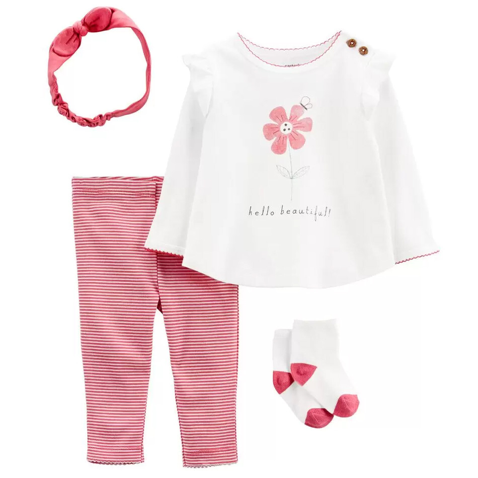 CONJUNTO CARTERS - 2 pz blusa m/l blanca estampada flores, leggings rayados rosados, con diadema y calcetas