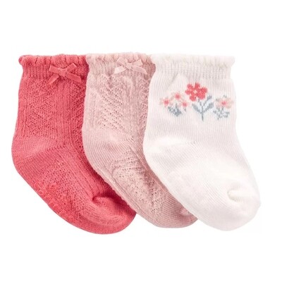 CALCETAS CARTERS - 3 pk calcetas lisas con flores, rosado, blanco, rosado pálido