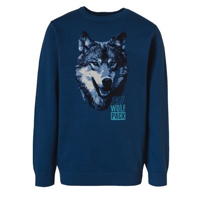 BLUE SEVEN-Suéter azul eléctrico con lobo