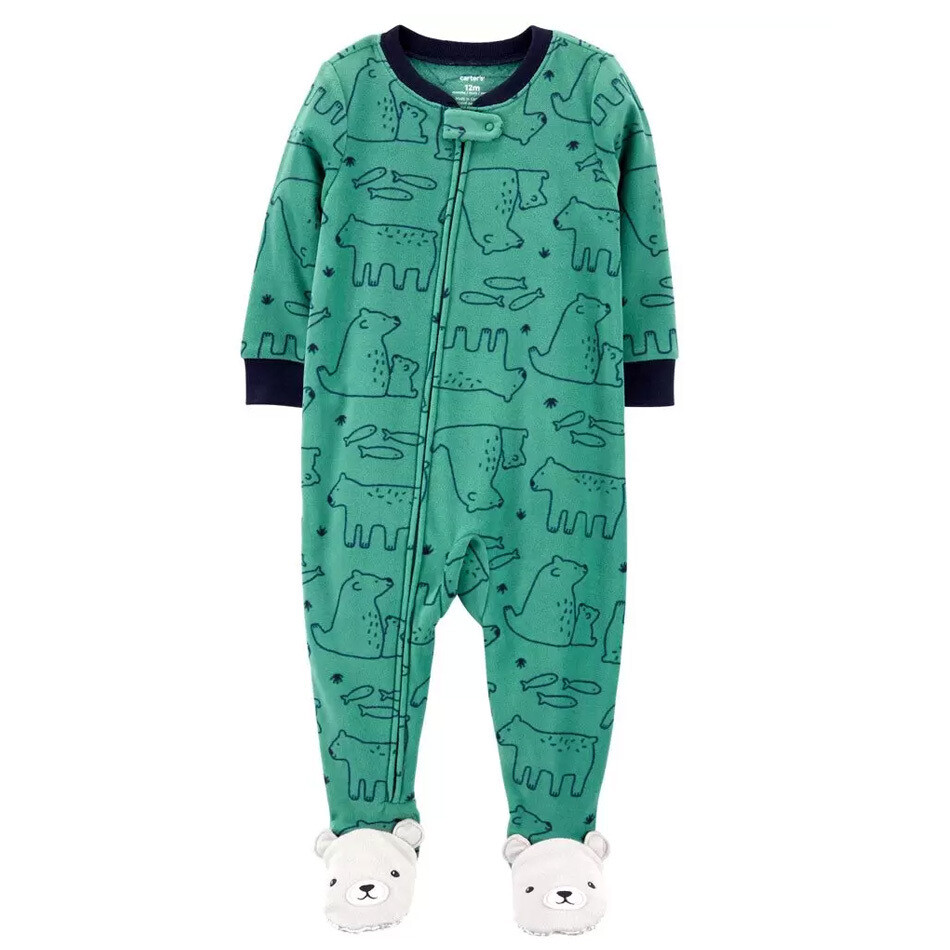 Pijama de fleece estampado de osos, verde con pies de oso