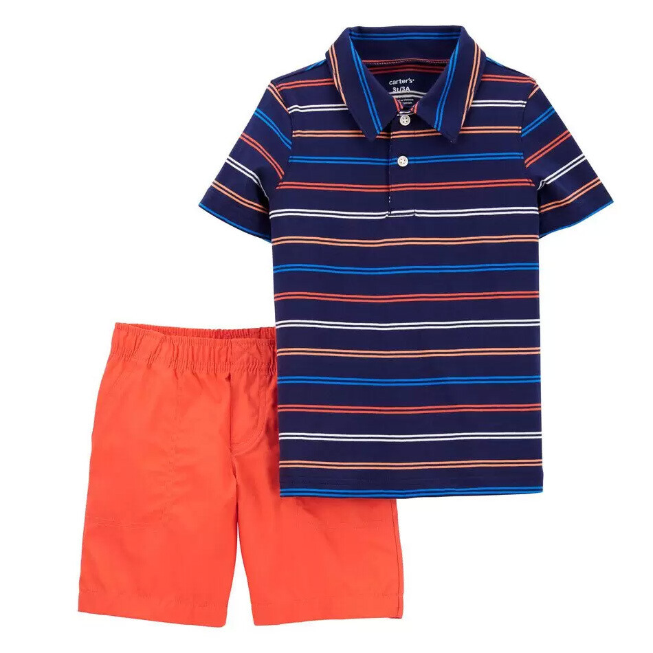 Conjunto Carters camisa tipo polo rayada y short naranja