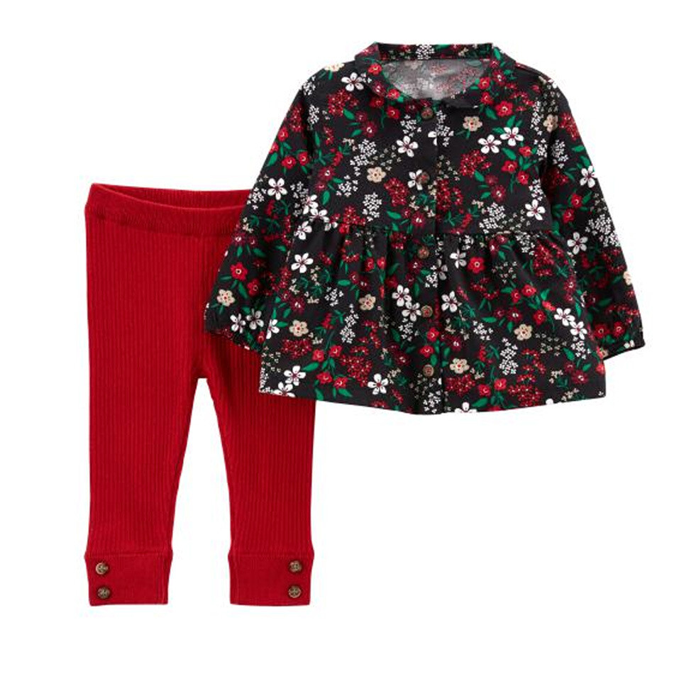 Cj 2 pz blusa floreada m/l estampado negro, leggings rojas