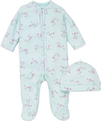 Pijama Little Me con pies y gorrita floral menta