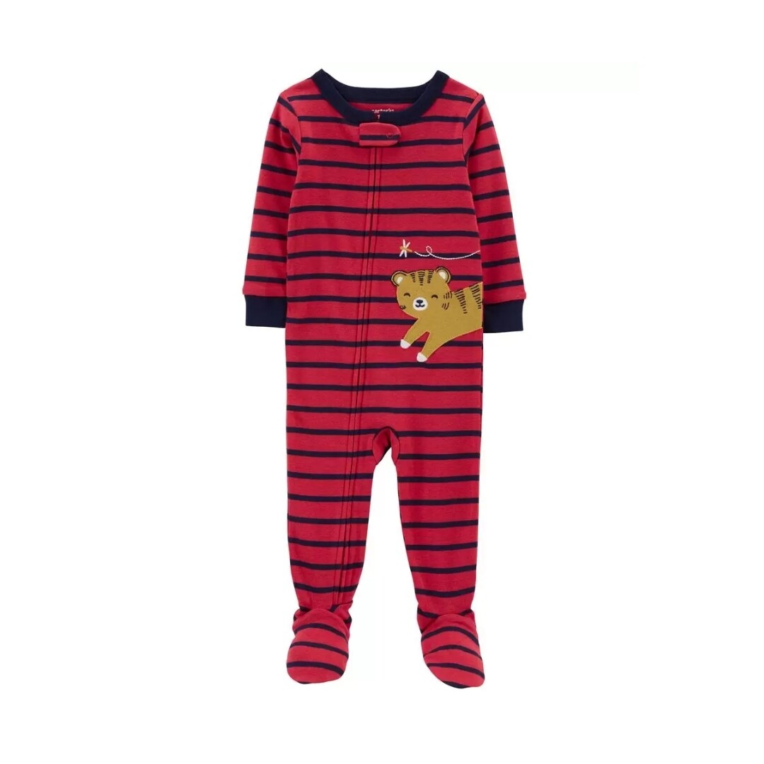 Pijama con pies de fleece  Carters roja rayada con estampado de tigre