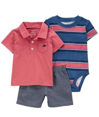 Conjunto 3 piezas Carters Baby camisa tipo polo body y short
