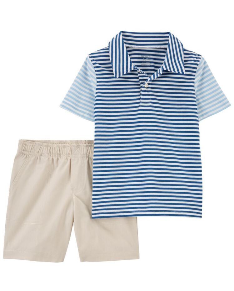 Conjunto Carters Playwear camisa tipo polo rayada azul y short