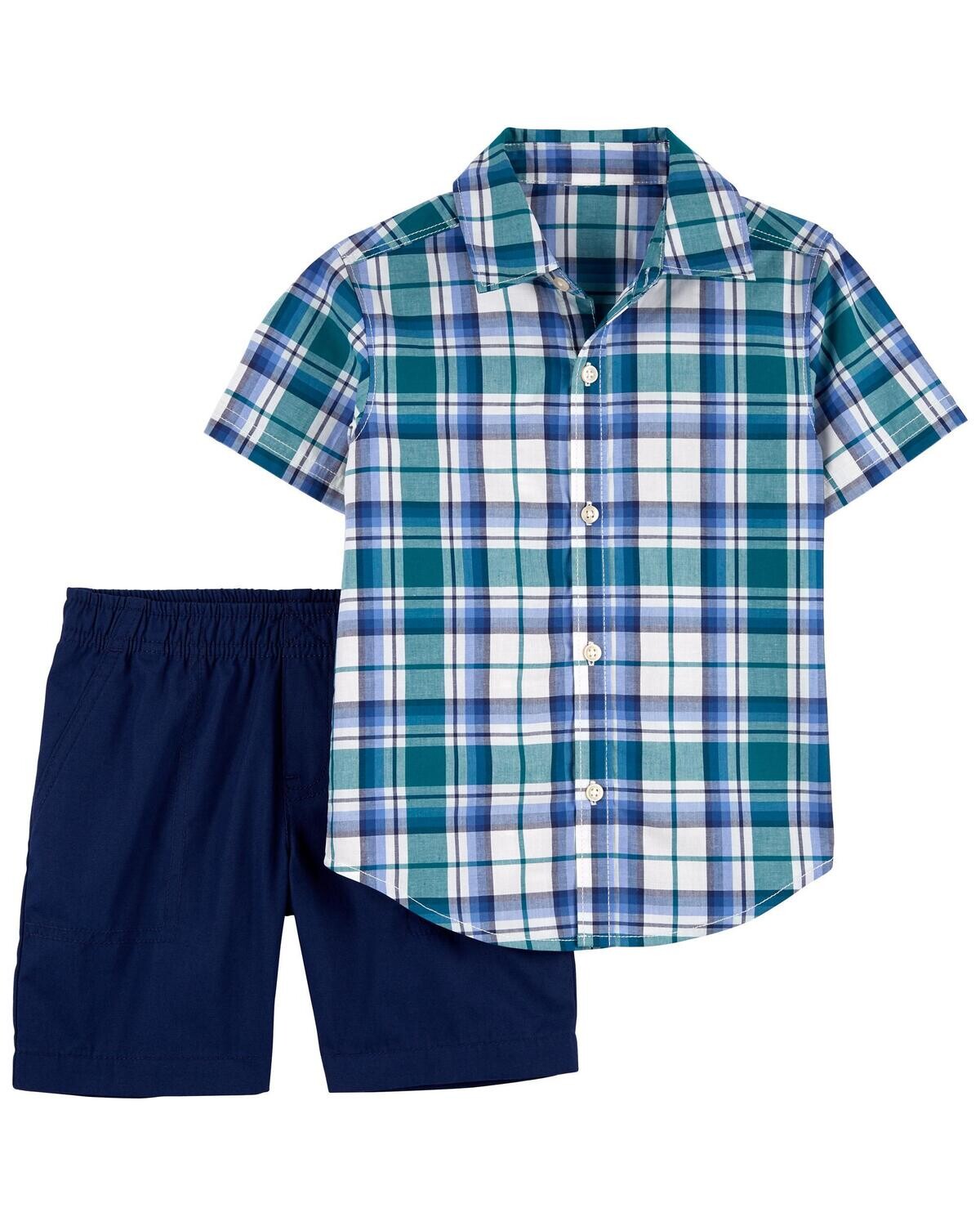 Conjunto Carters Playwear camisa manga corta a cuadros y short azul