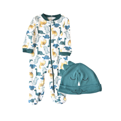 Pijama con pies Chick Pea con zipper y gorra estampado dinosaurios