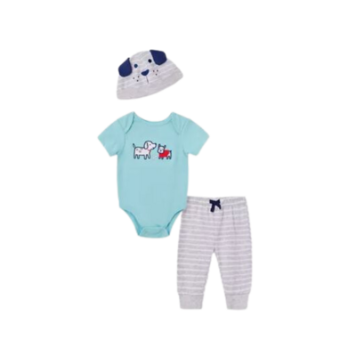 Conjunto 3 piezas Little Me pantalón con pita body y gorra perritos