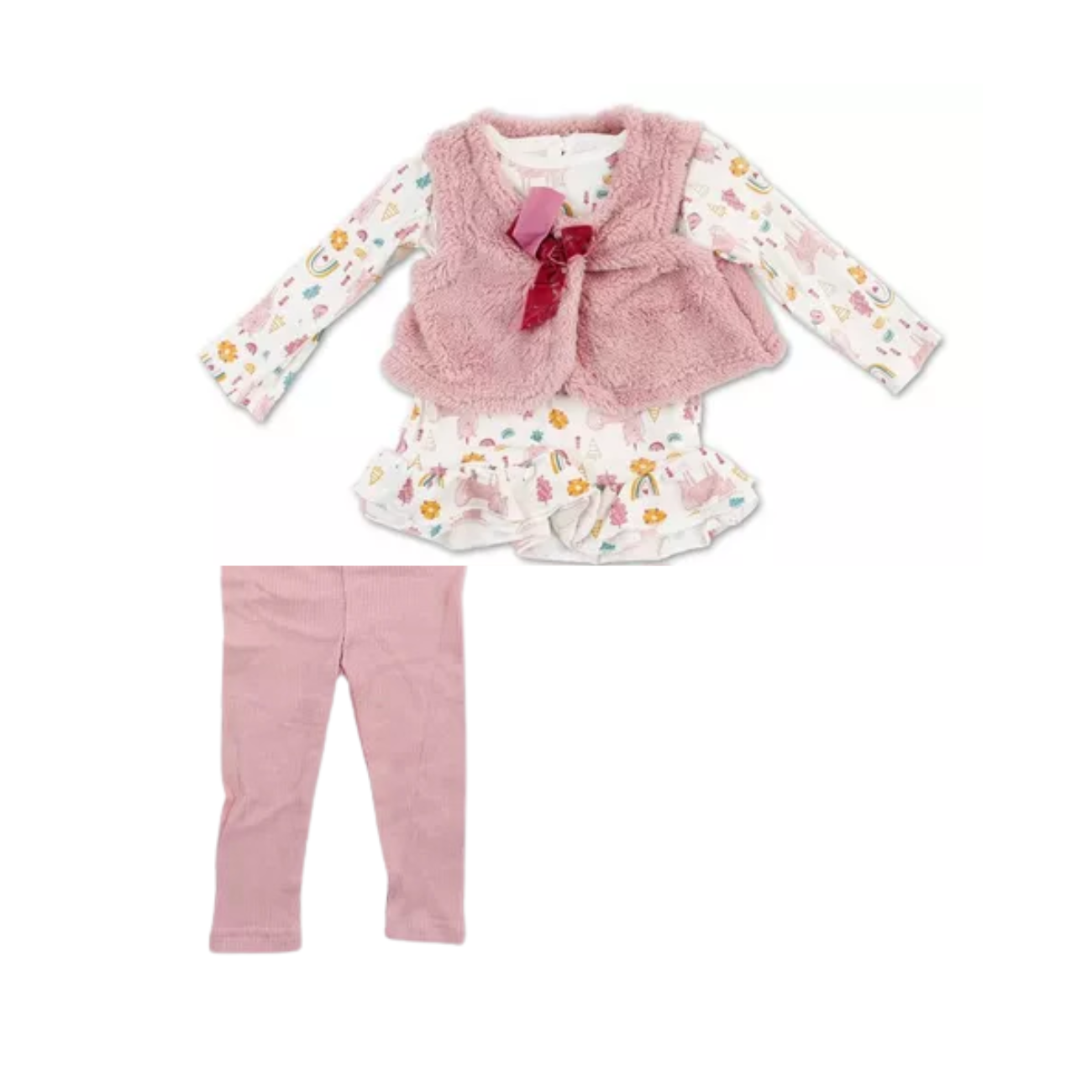 Chick Pea Conjunto 3 piezas leggins blusa con vuelo y chaleco estampado unicornio rosado niña