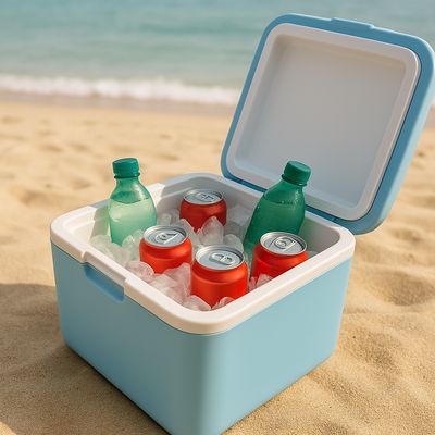 Open cooler box with cold drinks on sandy beach