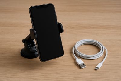 Phone cable and dashboard mount setup for mobile use in car or home