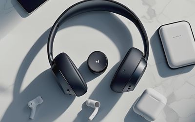 Wireless earbuds and headphones arranged with phone and charging case on clean surface