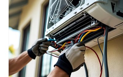 AC technician working on a portable air conditioning unit using maintenance tools in a practical setting