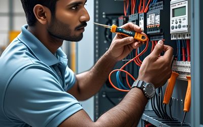 Electrician inspecting a distribution panel using various tools inside a workshop
