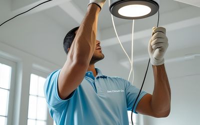 Electrician installing a light fixture on an indoor ceiling or outdoor wall