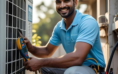 AC technician working on a outdoor air conditioning unit using maintenance tools