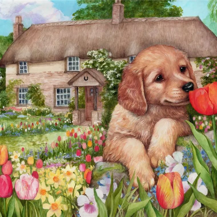Puppy at Tulip Cottage Jigsaw Puzzle