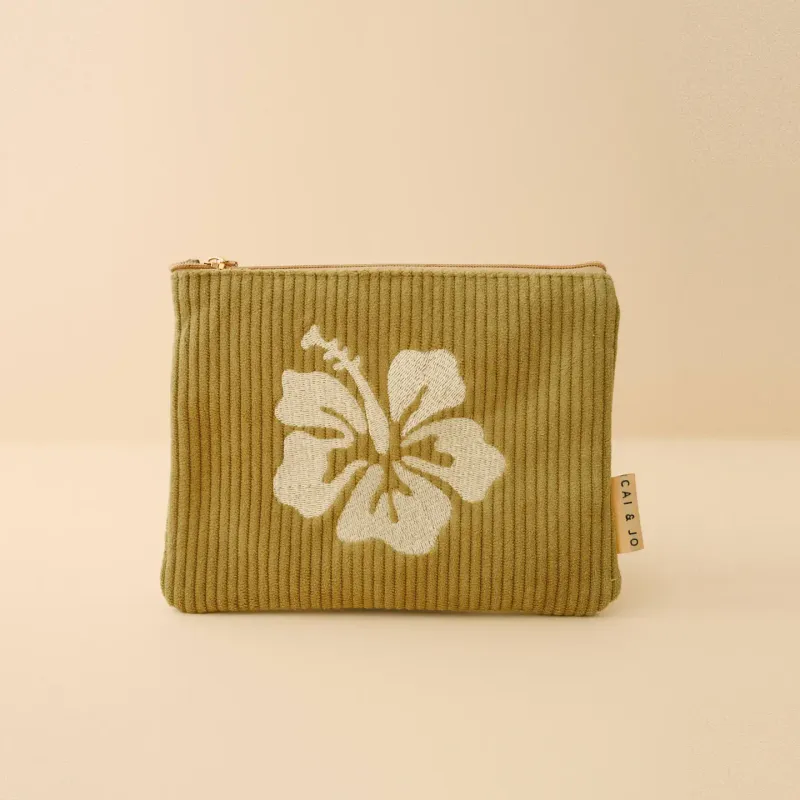 Corduroy Hibiscus Pouch in Olive