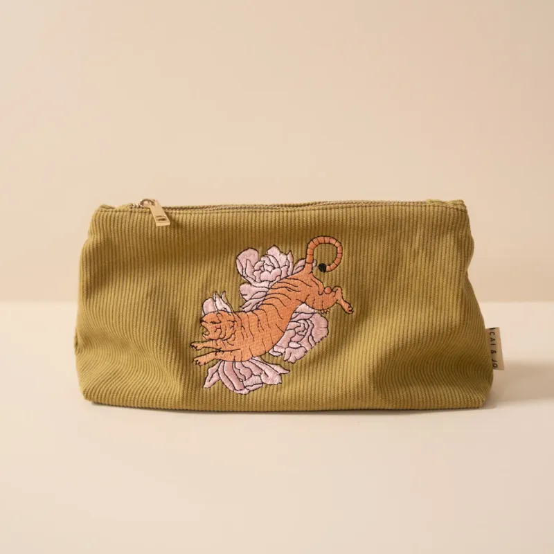Corduroy  Tiger Pouch in Olive