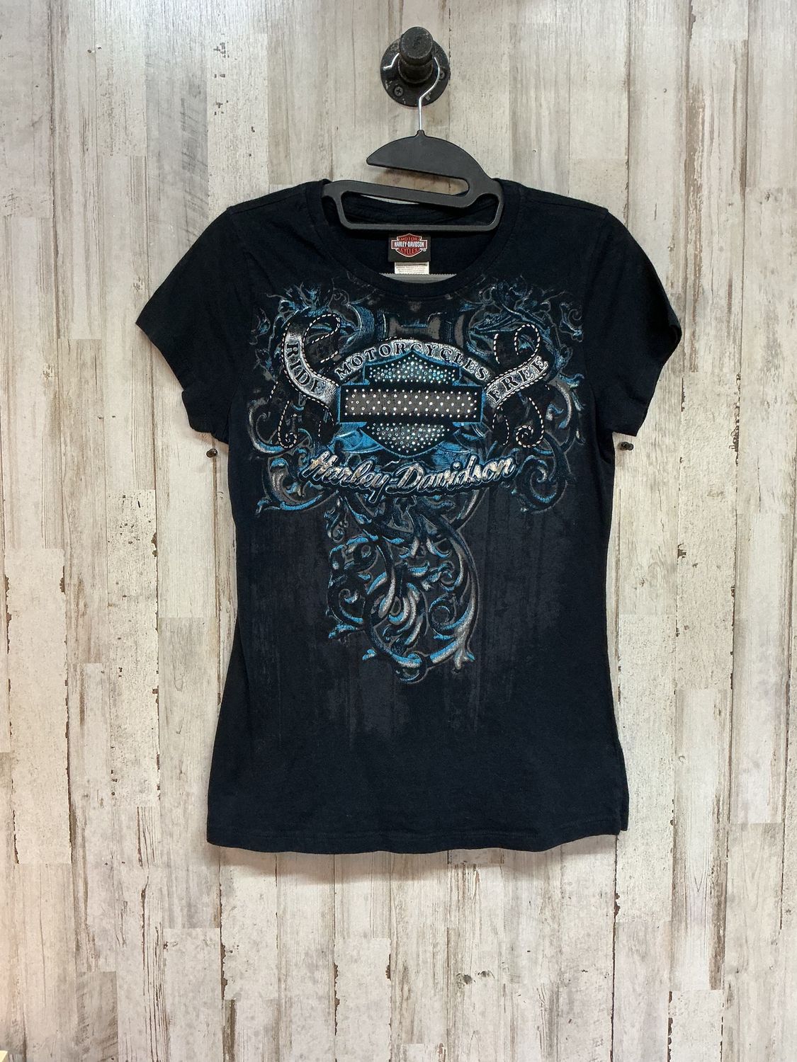 10125 HD Women's Black W/ Blue Bling B&amp;S Tee Medium