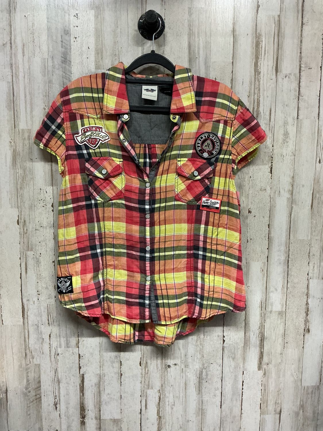 HD Women's Yellow Plaid Pearl Snap Up Flutter Sleeve XL