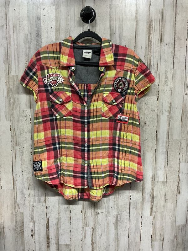 HD Women's Yellow Plaid Pearl Snap Up Flutter Sleeve XL