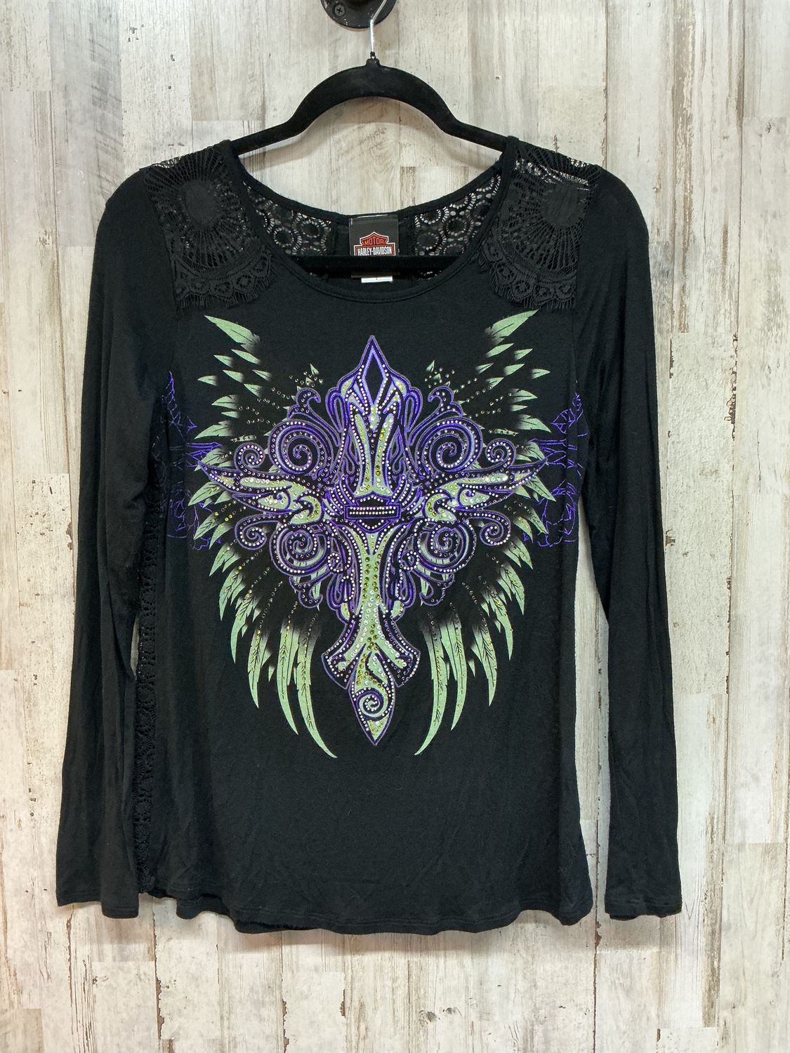 10125 HD Women's Black Purple &amp; Green Bling Cross Long Sleeve Small