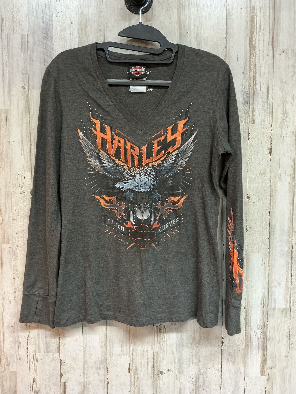 10125 HD Women's Grey Eagle on Bike Bling V-Neck Long Sleeve Top Medium