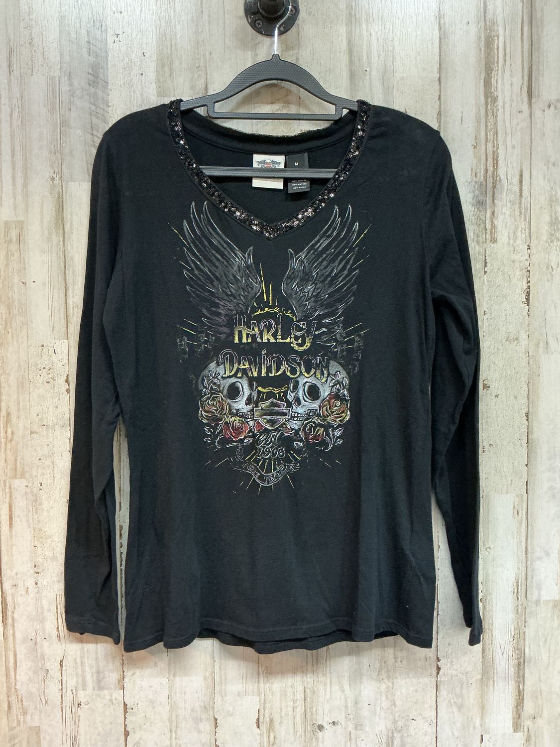 10125 HD Women's Double Skull &amp; Roses Wings Blingy V-Neck Top Medium