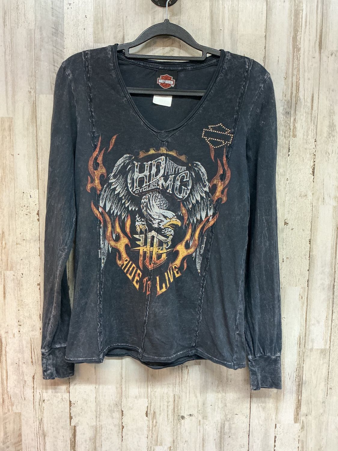 10125 HD Women's Grey Studded Eagle V-Neck Long Sleeve Small